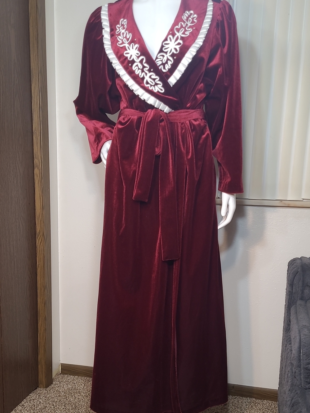 Komar Wine Velvet Wrap Robe with White Embroidered Trim